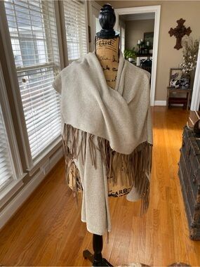 Chicos Golden Sparkle Cape with Faux Suede Fringe
